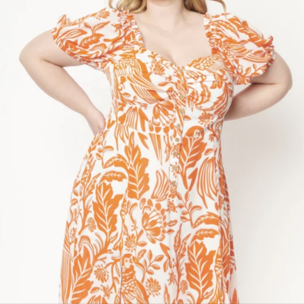 NWT Unique Vintage Orange & White Parrot Print Midi Dress